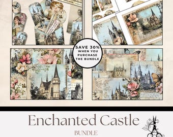 Enchanting Medieval Castle Floral Digital Papers & Ephemera Bundle: Journal Cards, Tags, Printables