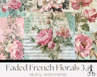 Faded French Florals 3  - Vintage Digital Artist Paper for Junk Journals, Collage, Crafts, Printable