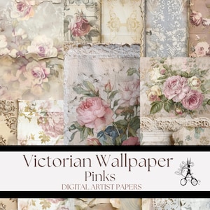 Vintage Victorian Pink Floral Wallpaper: Printable Distressed Digital Papers for Crafting