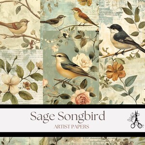 Sage Songbirds - Vintage Sage Songbird & Botanical Printable Artist Papers voor junkjournals, collage en mixed media ambachten