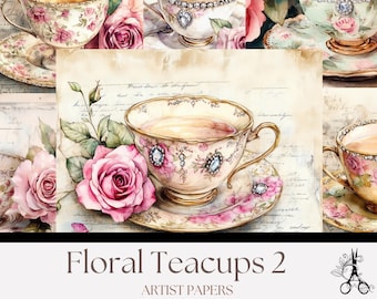 Può includere: Un collage di tazze da tè e piattini vintage con disegni floreali e rose rosa. Le tazze da tè sono piene di tè e decorate con gioielli. Il testo "Floral Teacups 2" e "Artist Papers" è visibile in basso.