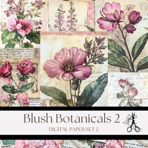 Ensemble de papier numérique 2 botaniques roses d'inspiration vintage : kit de journal d'artiste imprimable pour la création