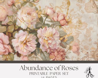 Papel para Diário de Retalhos com Estampa Floral Francesa – Abundância de Rosas em Estilo Shabby Chic (Download Digital)