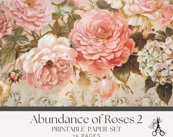 Papel para Diário de Arte Floral Francês – Abundância de Rosas 2 Páginas em Estilo Shabby Chic (Download Digital)