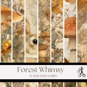 May include: Washi tape strips with a forest theme. The design features mushrooms, leaves, and a rabbit, in shades of brown, beige, and green. The text "Forest Whimsy" and "Washi Tape Strips" are displayed at the bottom.
