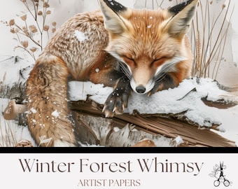 Páginas de artista do diário Winter Forest Whimsy Junk: papéis de fundo para impressão de animais da floresta (download digital)