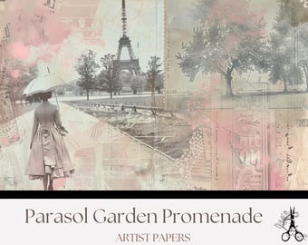 Parasol Garden Promenade Junk Journal Pages: French Shabby Chic Printable Background Papers (Digital Download)