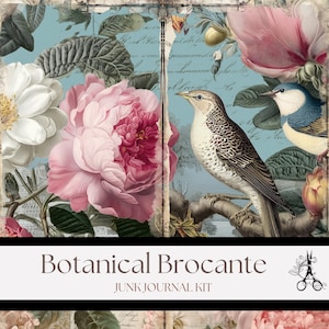 May include: A digital junk journal kit with a botanical theme. The design features pink and white peonies, birds, and vintage script on a light blue background. The text "Botanical Brocante" and "Junk Journal Kit" are displayed.