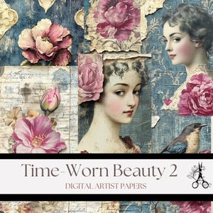 Time-Worn Beauty 2 - Carta digitale floreale vintage per diari, collage, artigianato e stampe