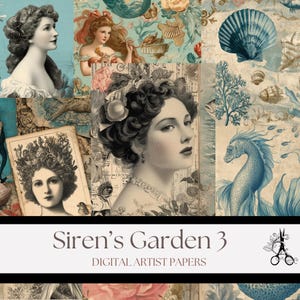Siren's Garden 3 デジタルアーティストペーパー、ヴィンテージマーメイドシーライフプリントペーパー（ジャンクジャーナル、コラージュ、スクラップブッキング、クラフト用）