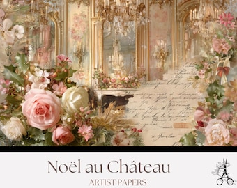 French  Christmas  Junk Journal Artist Pages: Romantic  WInter Chateau Printable Background Papers (Digital Download)