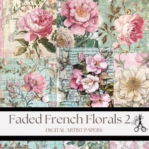 Flores francesas descoloridas 2 - Juego de 2 papeles vintage para artistas digitales para diarios basura, collages, manualidades e imprimibles