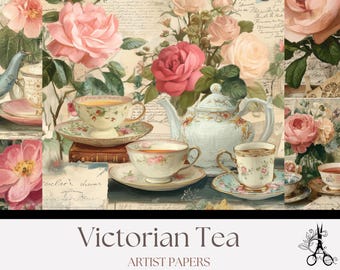 Può includere: Un collage con elementi di un tea party vittoriano. L'immagine presenta tazze da tè, piattini, una teiera e rose nei toni del rosa e del rosso. Il testo "Victorian Tea" e "Artist Papers" è visibile in basso.