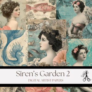 Siren's Garden 2 デジタルアーティストペーパー、ヴィンテージマーメイドシーライフプリントペーパー（ジャンクジャーナル、コラージュ、スクラップブッキング、クラフト用）