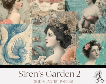 Vintage Mermaid Digital Paper: Siren's Garden Junk Journal Kit (Digital Download)