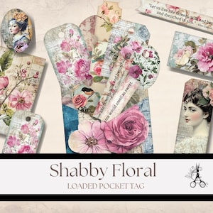 Schäbiges Florales Vintage-inspiriertes Florales Botanisches Anhänger Tasche: Shabby Chic Junk Journal Collage Art Download