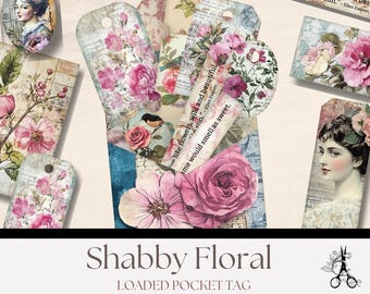Etiqueta de bolso floral Shabby Chic: Arte de colagem de diário de lixo (download digital)