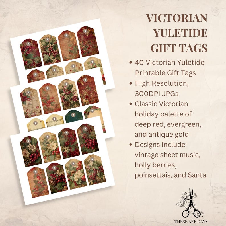 Yuletide Tag Victorian Yuletide Gift Tags: Printable Tags for Holiday Christmas ...