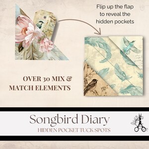 Puede incluir: Un proyecto de manualidades en papel con temática floral y de aves. El diseño presenta una etiqueta con una flor rosa y un pájaro, y un bolsillo oculto con ilustraciones de plumas y pájaros. El texto dice "Over 30 Mix & Match Elements" y "Songbird Diary".