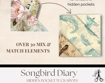 Diário do Pássaro Canoro: Bolsos Escondidos com Objetos Decorativos em Estilo Shabby Chic com Tema de Pássaros (Download Digital)