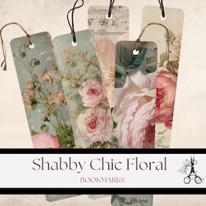 May include: A collection of Shabby Chic floral bookmarks. Each bookmark features a different vintage floral design with soft pastel colors, including pink roses and other flowers. The bookmarks have brown string attached.