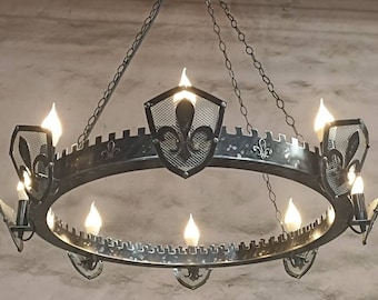 Chandelier ligthing - Fleur de lis Style Iron Chandelier - Eight lights chandelier - Ceiling lights - Rustic lighting