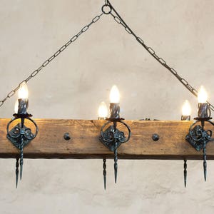 Wood beam and wrought iron chandelier - Six light chandelier - Rustic ceiling lights