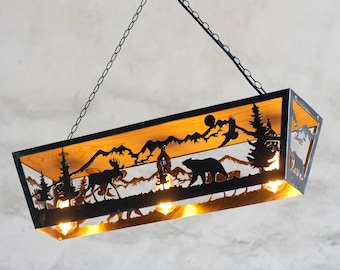 Rustic three lights fixture. Moose and Bear pendant light. Three lights fixture. Cabin lights