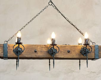 Wood beam and wrought iron chandelier - Six light chandelier - Rustic ceiling lights