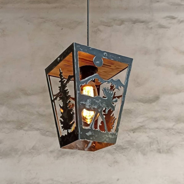 Lampada a sospensione rustica - Alce - Plafoniere da cabina - Illuminazione per case in tronchi - Lanterna con luci per lodge