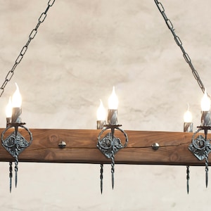 Wood beam and wrought iron chandelier - Six light chandelier - Rustic ceiling lights image 2