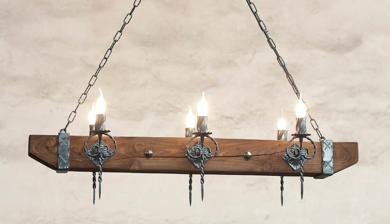 Wood beam and wrought iron chandelier - Six light chandelier - Rustic ceiling lights image 2