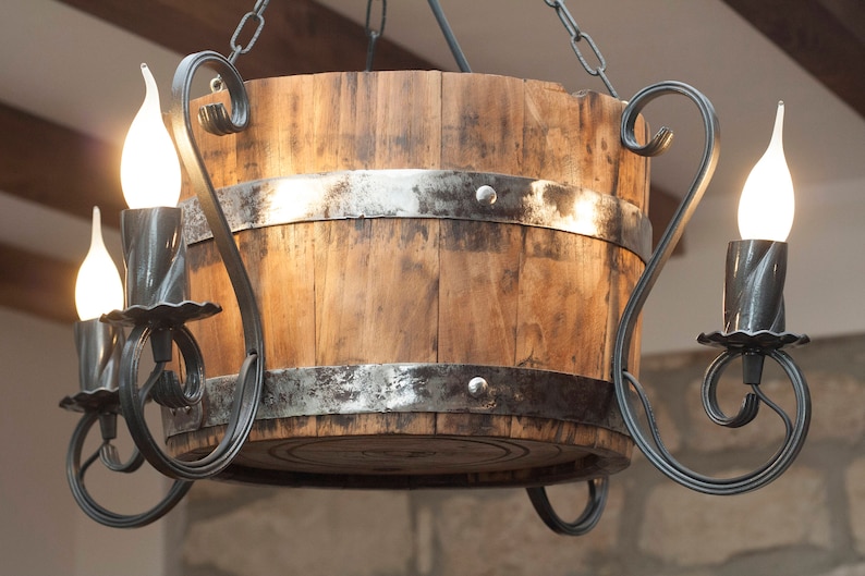 Wine barrel chandelier. Rustic ceiling light. Etsy