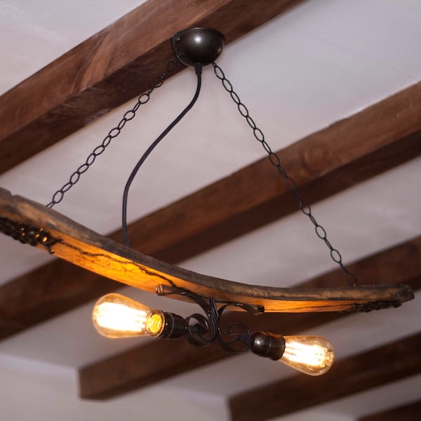 Rustic ceiling light. Hanging on chain vintage light retro fixture,recycled materials authentic wine barrel