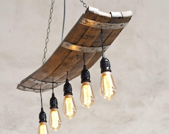 Rustic Ceiling Lights. Wine barrel pendant light. Five lights. Chandelier