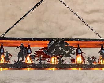 Western ceiling lights. Rustic light fixture. Cowboys and cattle