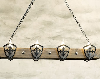 Rustic Wood Beam Chandelier - Handcrafted Wrought Iron Ceiling Lights - Inspired by Malta's Templars Castles