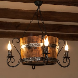 Wine barrel chandelier. Rustic ceiling light.