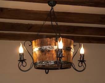 Wine barrel chandelier. Rustic ceiling light.