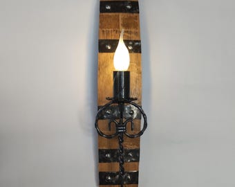 Barrel wall light - Rustic wall light - Wood and wrought iron sconce