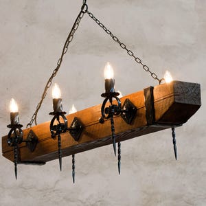 Wood beam and wrought iron chandelier - Six light chandelier - Rustic ceiling lights image 5