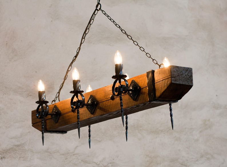 Wood beam and wrought iron chandelier - Six light chandelier - Rustic ceiling lights image 5
