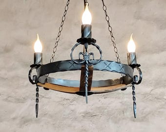 Lustre Vintage En Fer Forgé 4 Branches - Suspension Plafonnier Industriel Noir - Ancien