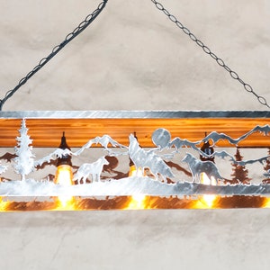 Wildlife pendant light. Five lights fixture. Cabin lights. Wolves image 2