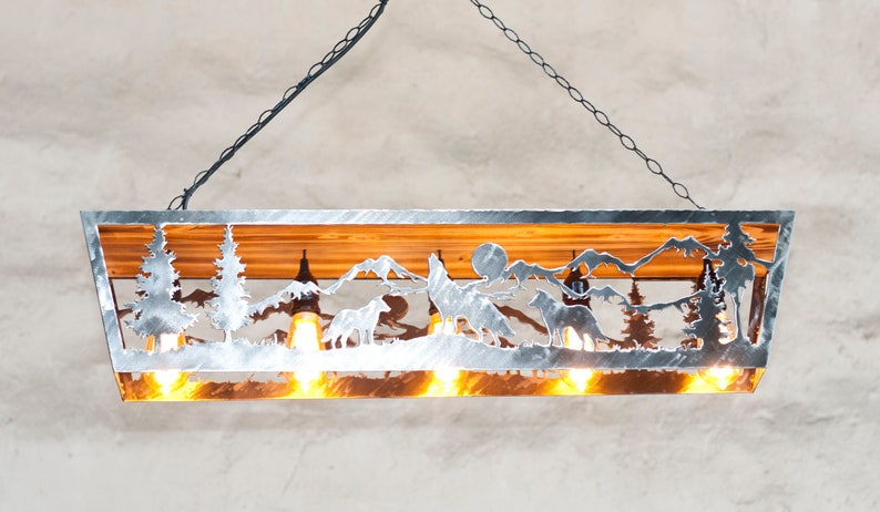 Wildlife pendant light. Five lights fixture. Cabin lights. Wolves image 2