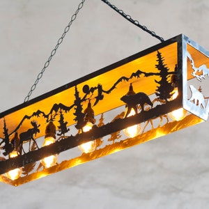 Rustic five lights fixture. Moose and Bear pendant light. Five lights fixture. Cabin lights