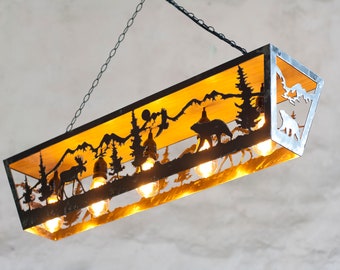 Rustic five lights fixture. Moose and Bear pendant light. Five lights fixture. Cabin lights