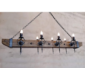 Rustic Wooden Beam Wrought Iron Chandelier – Medieval  Antique Style Lighting