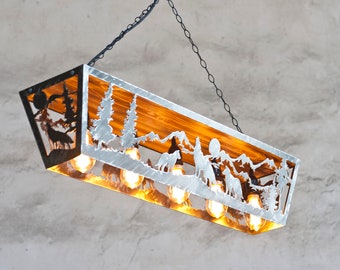 Wildlife pendant light. Five lights fixture. Cabin lights. Wolves