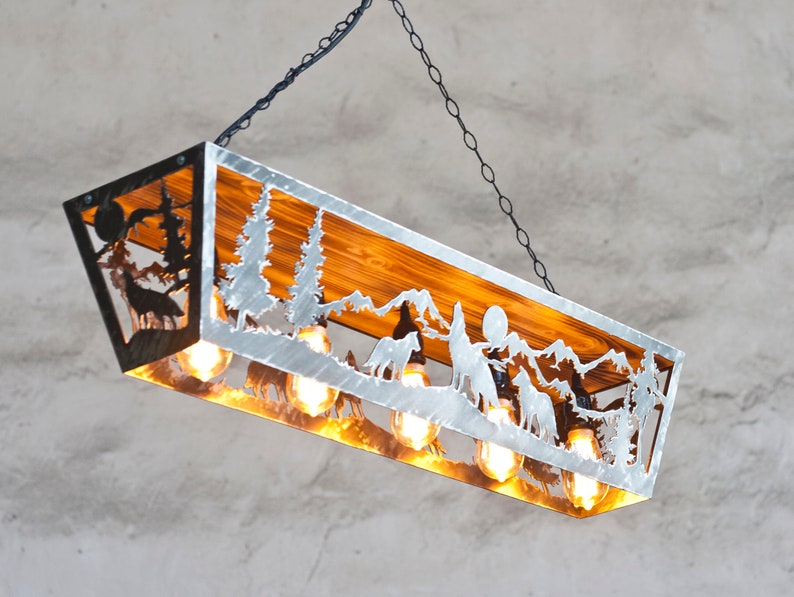 Wildlife pendant light. Five lights fixture. Cabin lights. Wolves image 1